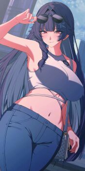 1girl absurdres arm_up armpits bare_shoulders blue_hair blush braid breasts colored_inner_hair commentary_request denim eyewear_on_head highres jeans large_breasts looking_at_viewer midriff mole mole_under_eye multicolored_hair navel outdoors pants purple_hair red_eyes round_eyewear shirt side_braid sleeveless sleeveless_shirt smile solo tatakau_ni_atai_suru tobildesu white_shirt yamaguchi_ryoko