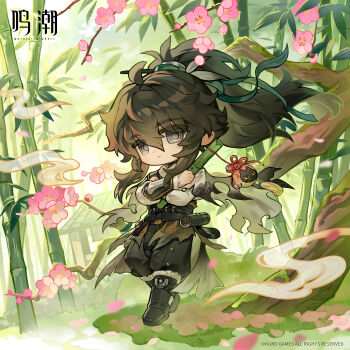 Rule 34 | 1boy, absurdres, arm armor, bamboo, bamboo forest, black hair, black pants, cloak, closed mouth, crossed arms, forest, grey eyes, hair between eyes, highres, logo, long hair, looking at viewer, male focus, nature, official art, pants, qiuyuan (wuthering waves), solo, white cloak, wuthering waves
