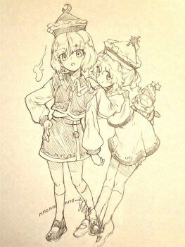 Rule 34 | 3girls, absurdres, artist name, blush, closed mouth, collared shirt, commentary request, crescent, crescent hat ornament, frilled shirt collar, frills, hand on own hip, hat, hat ornament, highres, long sleeves, looking at viewer, lunasa prismriver, lyrica prismriver, mary janes, menotama, merlin prismriver, multiple girls, open mouth, shirt, shoes, siblings, signature, sisters, skirt, smile, socks, star (symbol), star hat ornament, touhou, traditional media, vest