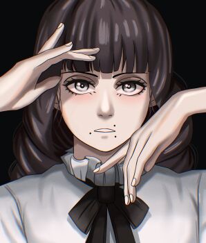 1girl absurdres black_background black_ribbon brown_hair commentary face_piercing fear_&amp;_hunger_(series) fear_&amp;_hunger_2:_termina frilled_shirt_collar frills grey_eyes hands_up highres long_hair looking_at_viewer magna_lucis marina_(fear_&amp;_hunger) mouth_piercing neck_ribbon parted_lips piercing portrait ribbon shirt solo straight-on white_shirt