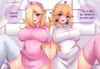 2girls bed blonde_hair blue_eyes blush breasts cross cross_print curtains dress earrings hair_over_one_eye hat jewelry large_breasts light_particles long_hair looking_at_viewer mario_(series) multiple_girls nintendo nurse nurse_cap on_bed open_mouth pink_dress pink_hat pink_thighhighs princess_peach print_headwear red_cross rosalina short_sleeves sitting smile speech_bubble star_(symbol) star_earrings sugarbell super_mario_galaxy thighhighs white_dress white_hat white_thighhighs window