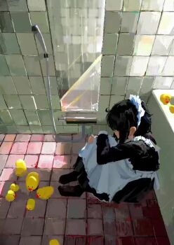 1girl animated apron bathroom black_dress black_hair black_socks dress frills from_side hands_on_own_knees koukouya long_hair long_sleeves maid maid_headdress making-of mirror original profile rubber_duck shower_head sitting sketch socks solo tagme tile_floor tiles video white_apron white_headdress