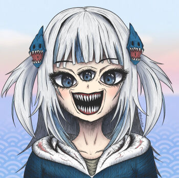 :d baloolax blue_eyes blue_hoodie blunt_bangs commentary creepy english_commentary extra_eyes gawr_gura hair_ornament highres hololive hololive_english hood hoodie horror_(theme) looking_at_viewer medium_hair open_mouth shark_girl shark_hair_ornament sharp_teeth shirt smile solo teeth third_eye twitter_username two_side_up virtual_youtuber white_hair