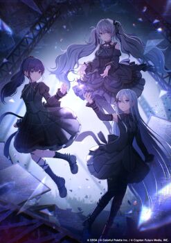 Rule 34 | 25-ji miku, 25-ji nightcord de. (project sekai), 3girls, asahina mafuyu, black boots, black dress, black pantyhose, blue eyes, boots, bow, closed mouth, commentary request, detached sleeves, dress, green eyes, grey hair, hair between eyes, hair bow, hair ornament, hatsune miku, heterochromia, highres, long hair, long sleeves, miton (1521084393405571072), multiple girls, pantyhose, pink eyes, ponytail, project sekai, puffy long sleeves, puffy sleeves, sekai symphony, sleeveless, sleeveless dress, smile, twintails, very long hair, yoisaki kanade