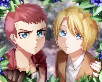 1046sstep_btoh 2boys aged_down bazz-b berry bleach blonde_hair blue_eyes brown_gloves brown_jacket bush cape commentary_request frown gloves highres jacket jugram_haschwalth leaf male_focus multiple_boys red_cape red_eyes sideburns undercut