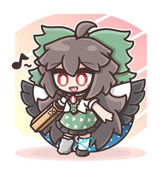 1girl :d ahoge arm_cannon asymmetrical_footwear black_hair bow bright_pupils cape chibi commentary fang full_body gradient_background green_bow green_skirt hair_bow highres long_hair mismatched_footwear musical_note open_mouth red_eyes reiuji_utsuho shirt short_sleeves skirt smile solo starry_sky_print third_eye touhou triangle_print very_long_hair weapon white_pupils white_shirt yoriyori