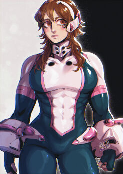 1girl absurdres blackberreh-art blush bodysuit boku_no_hero_academia breasts brown_eyes brown_hair highres large_breasts lips muscular muscular_female sidelocks solo uraraka_ochako