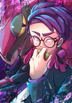 1boy absurdres black-framed_eyewear black_jacket commentary_request corbeau_(pokemon) dusk_ball gen_5_pokemon glasses hand_up highres holding holding_poke_ball ishutaru jacket long_sleeves looking_to_the_side male_focus necktie nintendo poke_ball pokemon pokemon_(creature) pokemon_legends:_z-a purple_hair purple_shirt round_eyewear scolipede shirt short_hair smile upper_body white_necktie yellow_eyes