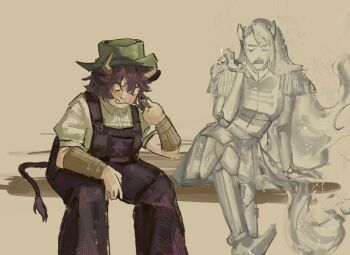 2girls annoyed bead_bracelet beads bracelet breasts brown_arm_warmers check_copyright cigarette clenched_teeth closed_eyes collared_shirt collared_vest commentary copyright_request cow_girl cow_horns cow_tail cowboy_hat demon_horns english_commentary epaulettes fanning_self farmer feet_out_of_frame fire ghost green_hat grey_background hakama hakama_short_skirt hakama_skirt hand_on_own_knee hat hatsburg high_collar highres hitodama holding holding_cigarette holding_lighter horns japanese_clothes jewelry lighter long_hair medium_breasts mouth_hold multiple_girls original overalls pants pants_under_skirt pointy_boots print_overalls puffy_short_sleeves puffy_sleeves purple_hair purple_overalls shirt short_hair short_sleeves showgirl_skirt simple_background sitting skirt smoking star_(symbol) star_print tail teeth very_long_hair vest white_horns white_shirt