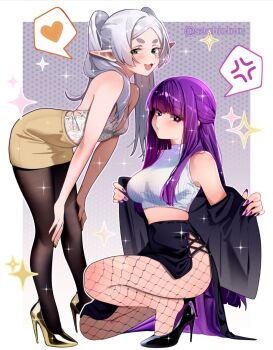 2girls :/ alternate_costume anger_vein bent_over black_pantyhose black_shoes black_skirt blush border breasts brown_skirt closed_mouth commentary crop_top elf english_commentary fern_(sousou_no_frieren) fishnet_pantyhose fishnets frieren gold_nails gold_shoes green_eyes grey_hair hands_on_own_knees heart heel_pop high-waist_skirt high_heels highres large_breasts long_hair long_pointy_ears looking_at_viewer medium_breasts midriff multiple_girls nail_polish on_one_knee open_mouth opened_by_self outside_border panties pantyhose parted_bangs pencil_skirt pointy_ears pumps purple_eyes purple_hair purple_nails ribbed_shirt sachichuu shirt shoes short_eyebrows side_slit skirt sleeveless sleeveless_shirt smile sousou_no_frieren spoken_anger_vein spoken_heart squatting standing stiletto_heels thick_eyebrows twintails twitter_username underwear very_long_fingernails very_long_hair white_border white_shirt