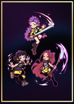 Rule 34 | 3girls, artistalyway, boots, braid, braided ponytail, chibi, commentary, cropped jacket, double bun, english commentary, hair bun, highres, holding, holding sword, holding weapon, jacket, kpop demon hunters, mira (kpop demon hunters), multiple girls, polearm, red hair, rumi (kpop demon hunters), sidelocks, skirt, smile, sword, twintails, weapon, yellow jacket, yellow skirt, zoey (kpop demon hunters)