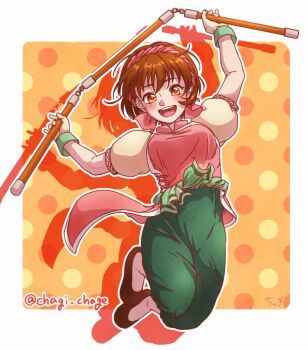 1girl blush brown_eyes brown_hair chagi_chage commentary_request full_body gensou_suikoden gensou_suikoden_ii gloves hairband jumping nanami_(suikoden) nunchaku open_mouth short_hair smile solo weapon