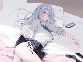 1girl bed bed_sheet black_panties black_skirt blue_eyes blush cellphone clothes_lift collared_shirt grey_hair hair_between_eyes highres lifting_own_clothes long_hair long_sleeves looking_at_viewer lying on_bed on_side original panties parted_lips phone pillow pleated_skirt school_uniform shirt side-tie_panties skirt skirt_lift smartphone solo thighs underwear white_shirt yuita_(yuita17)