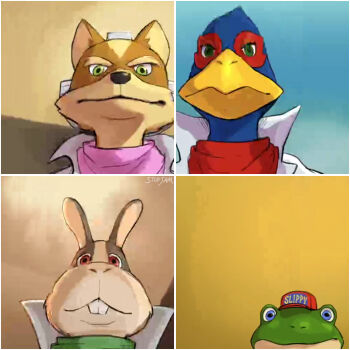 Rule 34 | 4boys, animal, animal ears, bandana, baseball cap, bird, bird boy, blue eyes, buck teeth, closed mouth, falco lombardi, fox mccloud, frog, furry, furry male, glasses, green eyes, hat, highres, lab coat, looking at viewer, male focus, meme, multiple boys, nintendo, peppy hare, rabbit, rabbit boy, rabbit ears, red bandana, red eyes, red scarf, scarf, scene reference, slippy toad, smile, star fox, staring, stup-jam, teeth