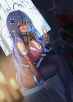 Rule 34 | 1girl, ahoge, animal collar, arm at side, arm support, aya tarou, bare shoulders, black pantyhose, blue flower, blue hair, braid, breasts, brown collar, candle, candlelight, candlestand, christmas, christmas tree, cleavage, closed mouth, collar, cropped jacket, crossed legs, cup, detached sleeves, dress, drinking glass, dutch angle, fingernails, flower, foot out of frame, from side, fur-trimmed dress, fur-trimmed jacket, fur-trimmed sleeves, fur trim, hair between eyes, hair flower, hair ornament, half up braid, hand up, heart, heart ahoge, holding, holding cup, hololive, jacket, large breasts, leaning forward, long hair, long sleeves, looking at viewer, looking to the side, multicolored hair, neck bell, no shoes, open clothes, open jacket, pantyhose, pencil dress, pointy ears, red dress, red jacket, red sleeves, sharp fingernails, short dress, sideways glance, sitting, sleeveless, sleeveless dress, smile, solo, streaked hair, very long hair, virtual youtuber, wine glass, yellow eyes, yukihana lamy