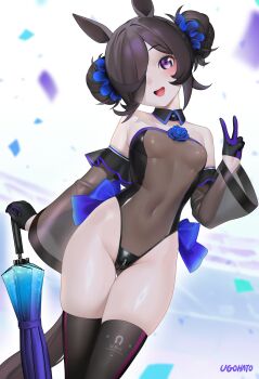 1girl absurdres alternate_costume alternate_hairstyle animal_ears bare_shoulders black_gloves black_leotard black_thighhighs blue_flower blue_gloves blue_rose blurry blush breasts commentary confetti covered_navel crotch_zipper depth_of_field detached_sleeves double_bun flower frilled_sleeves frills gloves hair_bun hair_ornament hand_up head_tilt highleg highleg_leotard highres horse_ears horse_girl horse_tail leotard looking_at_viewer open_mouth planted planted_umbrella purple_eyes race_queen rice_shower_(umamusume) rose see-through_clothes see-through_sleeves skindentation small_breasts smile solo symbol-only_commentary tail teeth thighhighs thighs translucent_bunnysuit two-tone_gloves ugohato umamusume umbrella upper_teeth_only v