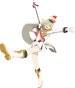Rule 34 | 1girl, artist request, band uniform, blonde hair, boots, full body, game cg, gloves, green eyes, hat, highres, holding baton, long hair, looking at viewer, magilou (tales), majorette, marching band, marching band baton, official alternate costume, official art, one eye closed, open mouth, pointy ears, shako cap, skirt, smile, solo, standing, standing on one leg, tales of (series), tales of asteria, tales of berseria, third-party source, transparent background, very long hair, white boots, white gloves, white skirt
