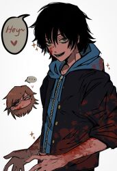 Rule 34 | ..., 1boy, 1girl, 31ulkubo, black hair, black jacket, blood, blood on arm, blood on clothes, blood on face, blood on hands, blue hoodie, brown eyes, brown hair, chainsaw man, chibi, chibi inset, commentary, english commentary, heart, highres, hood, hoodie, jacket, jacket over hoodie, open mouth, smile, sparkling aura, spoken ellipsis, sugo miri, whip devil (chainsaw man)