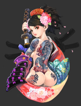 1girl armor ass ass_support breasts brown_eyes brown_hair cameo comb female_focus flower full-body_tattoo hair_flower hair_ornament hip_focus irezumi japanese_armor japanese_clothes katana large_breasts lips looking_back momohime momohime_(hitodama) muuten nude oboro_muramasa petals ponytail red_eyes sheath short_hair shoulder_armor sode solo sword tattoo unsheathing vanillaware weapon wide_hips