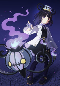 1girl belt belt_buckle black_dress black_hair black_pantyhose black_shoes bob_cut buckle chandelure closed_mouth coat commentary_request dress full_body gen_5_pokemon gloves gradient_hair gwynn_(pokemon) hat highres long_sleeves looking_at_viewer mega_stone moegi_itsukashi multicolored_hair nintendo o-ring o-ring_belt open_clothes open_coat pantyhose partially_fingerless_gloves pointing pokemon pokemon_(creature) pokemon_legends:_z-a purple_eyes purple_gloves purple_hair revision shoes short_hair white_coat