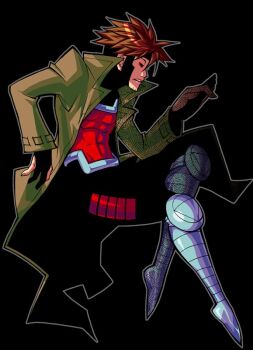 10s 1boy abs armor black_background brown_hair full_body gambit gloves jacket jumping long_coat male_focus marvel red_eyes simple_background solo x-men