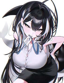 1girl absurdres ahoge arm_behind_back artist_name bare_arms black_skirt breasts card_in_mouth cetacean_tail cleavage collared_shirt cowboy_shot fins fish_tail hair_between_eyes hand_on_own_hip haze_(7h4ze) highres id_card lanyard large_breasts leaning_forward light_blush looking_at_viewer mouth_hold multicolored_hair office_lady open_mouth orca_(haze_(7h4ze)) orca_girl original pencil_skirt shirt simple_background skirt sleeveless sleeveless_shirt solo tail two-tone_hair white_background white_eyes white_hair white_shirt