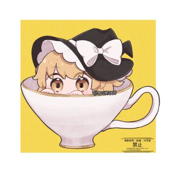 1girl blonde_hair bow chibi chibi_only closed_mouth commentary cup hat hat_bow highres in_container in_cup kirisame_marisa looking_at_viewer solo teacup touhou twitter_username uzuki_(amayadori) watermark white_bow witch_hat yellow_eyes