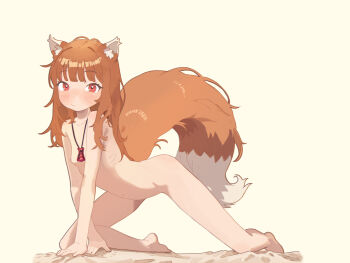 1girl absurdres aged_down all_fours animal_ears blush breasts brown_hair closed_mouth collarbone completely_nude from_side full_body highres holo jewelry loli looking_at_viewer navel nipples nude on_bed pendant red_eyes ribs simple_background skinny small_breasts solo spice_and_wolf suwuart tail wolf_ears wolf_girl wolf_tail yellow_background