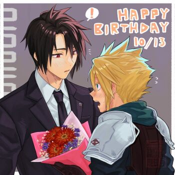 ! 1782seta armor black_hair black_jacket black_necktie blonde_hair blue_eyes blue_shirt blush bouquet brown_gloves cloud_strife collared_shirt dated final_fantasy final_fantasy_vii flower gloves green_scarf grey_background hair_between_eyes happy_birthday highres holding holding_bouquet jacket looking_at_another necktie open_mouth pauldrons red_eyes scarf shinra_infantry_uniform shirt short_hair shoulder_armor spiked_hair spoken_exclamation_mark suit_jacket sweatdrop upper_body vincent_valentine white_shirt yaoi