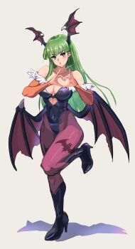 1girl animal_print artist_name bat_print black_leotard blunt_bangs boots breasts bridal_gauntlets cleavage darkstalkers demon_wings head_wings heart heart_hands highres leotard long_hair looking_at_viewer morrigan_aensland solo strapless strapless_leotard wings yukinoshin_f