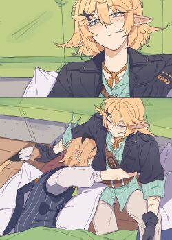 2girls absurdres addendium ahoge ammunition_belt black_gloves black_jacket blonde_hair blue_overalls blush dokibird dokibird_(bounty_hunter) dooby gloves green_eyes hair_ornament highres hug indie_virtual_youtuber jacket multicolored_hair multiple_girls neckerchief overalls shirt short_hair streaked_hair tail virtual_youtuber white_shirt x_hair_ornament yuri