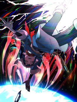 1girl akari_(pokemon) arc_phone black_hair black_pantyhose black_sash disembodied_hand falling galaxy_expedition_team_survey_corps_uniform grey_eyes grey_jacket headscarf highres jacket long_hair loose_socks nintendo open_mouth p0ke_a0210 pantyhose pokemon pokemon_legends:_arceus ponytail red_scarf sash scarf sidelocks socks teeth white_headscarf