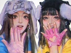 Rule 34 | 2girls, animal ear headwear, baseball cap, black hair, black hat, blue shirt, blush, brown eyes, brown hair, commentary, earrings, fake animal ears, fingerless gloves, gloves, grey hat, hanni (newjeans), hat, highres, jewelry, k-pop, looking at viewer, mantang hua, minji (newjeans), multiple girls, newjeans, open hand, open mouth, pink gloves, portrait, procreate (medium), real life, shirt, smile, symbol-only commentary, white background