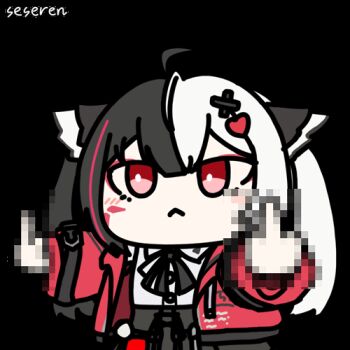 1girl :< animated animated_gif black_ribbon black_shirt censored censored_gesture closed_mouth collared_shirt double_middle_finger hair_ornament heart heart_hair_ornament jacket lacrimosa_(nte) looping_animation lowres middle_finger mosaic_censoring multicolored_hair neck_ribbon neverness_to_everness open_clothes open_jacket red_eyes red_jacket ribbon seseren shirt solo split-color_hair sticker_(medium) transparent_background white_hair white_shirt