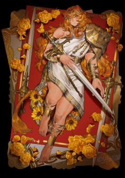 1girl anklet armlet barefoot bracelet commentary english_commentary flower highres holding holding_sword holding_weapon jewelry lion_girl lion_tail long_hair muscular muscular_female orange_eyes orange_hair original shoulder_guard sunflower sword tail toga weapon yusu_zune