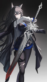 Rule 34 | 1girl, absurdres, animal ear fluff, animal ears, arknights, black hair, black jacket, black pantyhose, black vest, blue necktie, blue shorts, brown eyes, closed mouth, commentary request, gloves, hair between eyes, highres, holding, holding sword, holding weapon, jacket, jacket on shoulders, jiang wu (user wewj7328), long hair, looking at viewer, necktie, pantyhose, shirt, short shorts, shorts, solo, sword, texas (arknights), torn clothes, torn pantyhose, vest, weapon, white gloves, white shirt, wolf ears, wolf girl