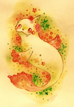 animal_focus closed_mouth commentary_request dewgong fangs flower full_body gen_1_pokemon looking_at_viewer nintendo no_humans painting_(medium) pokemon pokemon_(creature) red_eyes red_flower smile traditional_media watercolor_(medium) yukichi_0611