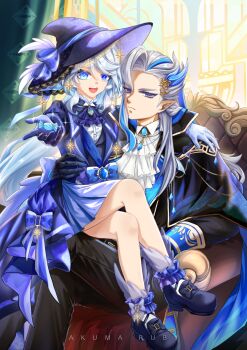 1boy 1girl :d akuma_ruby ascot asymmetrical_gloves bare_legs black_pants black_shoes blue_ascot blue_dress blue_eyes blue_gloves blue_hair bow brooch candy cape commentary dress food forehead furina_(genshin_impact) genshin_impact gloves grey_hair hat hat_bow highres holding holding_candy holding_food indoors jewelry long_hair looking_at_viewer mismatched_gloves multicolored_hair neuvillette_(genshin_impact) open_mouth pants shoes short_dress smile streaked_hair very_long_hair white_ascot white_gloves witch_hat