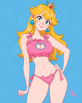 1girl adversarial_noise alt_text artist_name blonde_hair blue_background blue_eyes blush bra breasts cat_cutout cat_ear_panties cat_lingerie cleavage cleavage_cutout closed_mouth clothing_cutout commentary contrapposto cowboy_shot crown earrings english_commentary frilled_bra frills galmesh_rosewood hand_on_own_hip head_tilt highres jewelry large_breasts long_hair looking_at_viewer making-of_available mario_(series) narrow_waist navel nintendo panties pink_bra pink_panties princess_peach side-tie_panties simple_background smile solo sphere_earrings underwear underwear_only