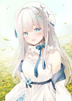 1girl bare_shoulders beret blue_eyes blue_ribbon blush braid breasts cleavage collar commentary_request commission detached_collar dress field flower flower_field from_side hair_intakes hair_ornament hairclip hat highres indie_virtual_youtuber jacket kurage_cc leaf long_hair looking_at_viewer medium_breasts mole mole_under_eye nagino_mashiro nagino_mashiro_(1st_costume) off_shoulder open_clothes open_jacket open_mouth outdoors ribbon signature skeb_commission sleeveless sleeveless_dress smile solo upper_body white_collar white_dress white_hair white_hat white_jacket yellow_flower
