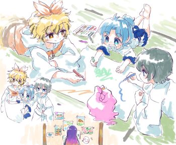 +++ 1boy 4girls aged_down alternate_costume barefoot black_hair blonde_hair blue_eyes blue_hair blush child closed_mouth colored_pencil drawing_(action) drawing_(object) facing_away from_behind gradient_hair green_eyes green_hair grin highres hijiri_byakuren holding holding_pencil japanese_clothes kimono kumoi_ichirin long_hair long_sleeves lying multicolored_hair multiple_girls murasa_minamitsu on_stomach pencil purple_hair short_hair smile spoken_smile streaked_hair suteruko toes toramaru_shou touhou unzan white_kimono wide_sleeves yellow_eyes