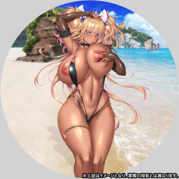1girl aoi_nagisa_(metalder) beach blonde_hair breasts dark-skinned_female dark_skin huge_breasts lilith-soft ocean onizaki_kirara taimanin_(series) taimanin_rpgx