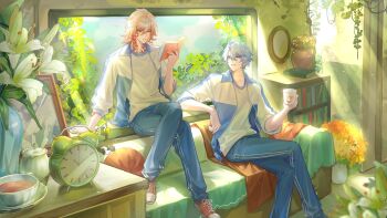 2boys absurdres antenna_hair arm_tattoo blonde_hair blue_eyes blue_jacket blue_pants book braid chinese_commentary clock commentary_request couch crossed_legs cup facial_tattoo gradient_hair gym_uniform highres holding holding_book holding_cup honkai:_star_rail honkai_(series) jacket looking_back male_focus medium_hair multicolored_hair multicolored_jacket multiple_boys mydei_(honkai:_star_rail) on_couch open_clothes open_jacket pants parted_bangs phainon_(honkai:_star_rail) red_hair red_tattoo sereineleven shirt short_hair side_braid tattoo two-tone_jacket white_hair white_jacket white_shirt window yellow_eyes