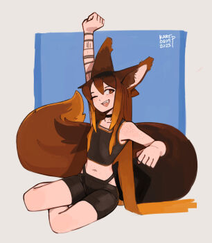 1girl ;d animal_ear_fluff animal_ears arm_tattoo arm_up black_choker black_shirt black_shorts brown_eyes brown_hair choker collarbone commentary crop_top english_commentary fang gradient_hair highres kart_prowler long_hair midriff multicolored_hair multiple_tails navel one_eye_closed open_mouth orange_hair original shirt shorts sitting sleeveless smile solo squirrel_ears squirrel_girl squirrel_tail tail tattoo toskr_(kart_prowler) very_long_hair