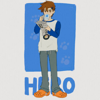 Rule 34 | 1boy, alternate costume, alternate eye color, antenna hair, bright pupils, brown eyes, brown hair, character name, coffee mug, commentary request, crocs, cup, full body, grey pants, hair behind ear, hair ornament, hairclip, hero (faraway) (omori), hero (omori), highres, holding, holding cup, holding newspaper, long sleeves, male focus, msdnno kabe, mug, newspaper, omori, orange shoes, pants, raglan sleeves, shirt, shoes, short hair, solo, sweatpants, white pupils, white shirt