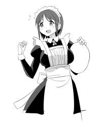 Rule 34 | 1girl, alternate costume, cowboy shot, dress, enmaided, flying sweatdrops, greyscale, holding, holding tray, kantai collection, long sleeves, looking back, maid, maid headdress, monochrome, natori (kancolle), open mouth, short hair, solo, tamu (mad works), tray
