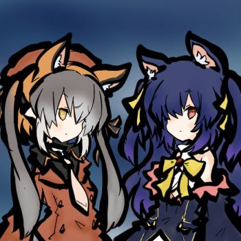 .live 2girls animal_ears bare_shoulders blue_hair brown_hair dress extra_ears fox_ears fox_girl grey_hair hat island_fox_(kemono_friends) jacket kemono_friends kemono_friends_v_project long_hair looking_at_viewer multiple_girls neck_ribbon necktie red_eyes ribbon rurun_rururica shirt simple_background tanuki_kamen twintails virtual_youtuber yellow_eyes