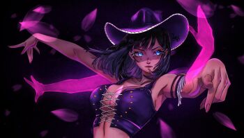 1girl armlet black_background black_hair blue_eyes breasts cowboy_hat crop_top cross-laced_clothes cross-laced_top devil_fruit_power eris21471224 extra_arms eyelashes hana_hana_no_mi hashtag-only_commentary hat highres jewelry large_breasts looking_to_the_side nico_robin no_bra one_piece outstretched_arms petals purple_hat solo upper_body