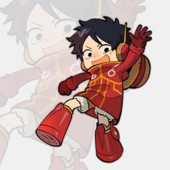 1boy arm_up black_hair boots coat facial_scar full_body fur-trimmed_shorts fur_trim gloves hat headphones highres long_sleeves looking_at_viewer male_focus monkey_d._luffy official_alternate_costume one_piece open_mouth orange_shorts red_boots red_coat red_gloves scar scar_on_cheek scar_on_face short_hair shorts solo straw_hat toku0034 unworn_hat unworn_headwear