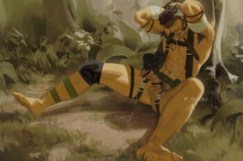 0picky 1boy abs anus armpit_hair armpits artist_name ass bandaged_arm bandages bandana bara bare_pectorals barefoot beard biceps big_boss bound bound_arms brown_hair commentary cum english_commentary erection facial_hair highres jungle knife knife_sheath looking_down male_focus metal_gear_(series) metal_gear_solid_3:_snake_eater muscular muscular_male naked_snake nature navel nude on_ground open_mouth pectorals penis sheath sheathed sitting strap testicles twitter_username